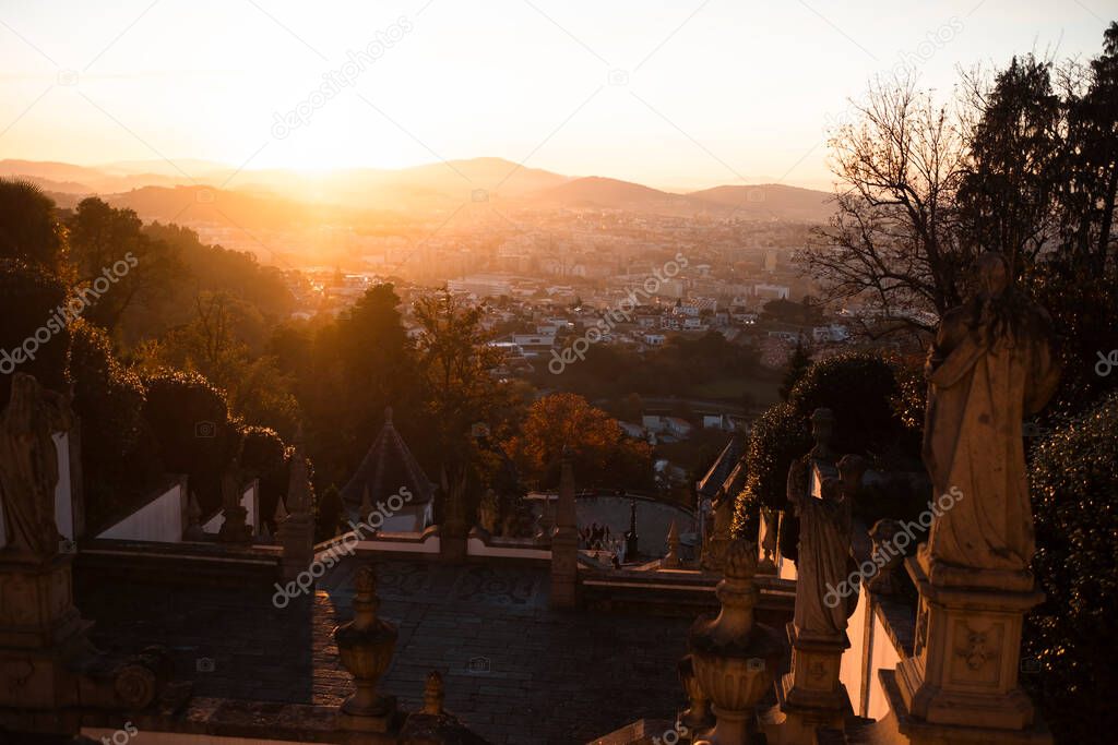 Braga, Portugal. View of the stairway to the church of Bom Jesus do Monte in evening golden sunset.