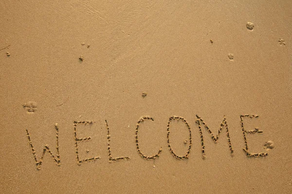 Hand Inscribed Welcome Texture Beach Sand — 스톡 사진