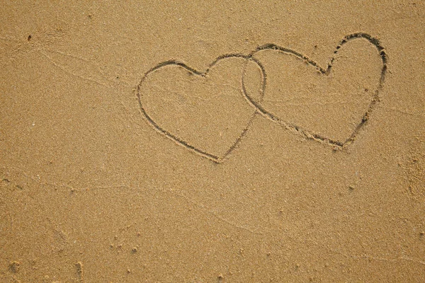 Two Hearts Drawn Sea Beach Sand 스톡 사진