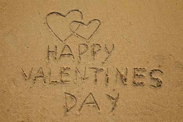 Two Hearts Inscription Happy Valentines Day Drawn Beach Sand 스톡 사진