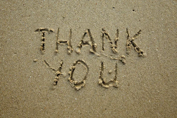 Thank You Handwritten Inscription Soft Beach Sand 스톡 사진