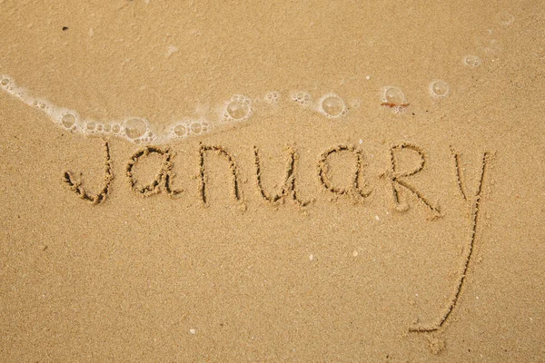 Januari Handskrivet Den Mjuka Strandsanden — Stockfoto
