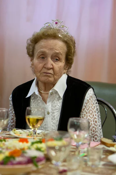 Portrait Sad Elderly Woman Anniversary Celebration - Stok İmaj