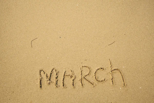 March Drawing Handwritten Sea Beach Sand — Stock Photo, Image