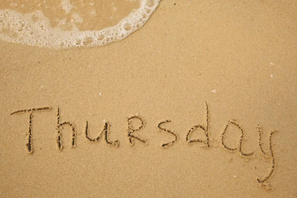 Thursday Drawing Days Week Handwritten Sea Beach Sand — Stock Photo, Image