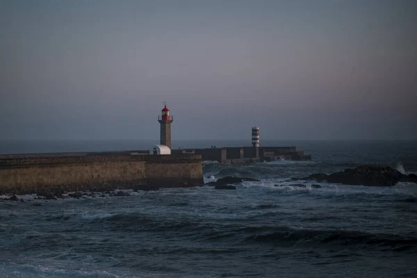 Pier Lighthouse Overcast Evening Ocean — Stock Photo, Image