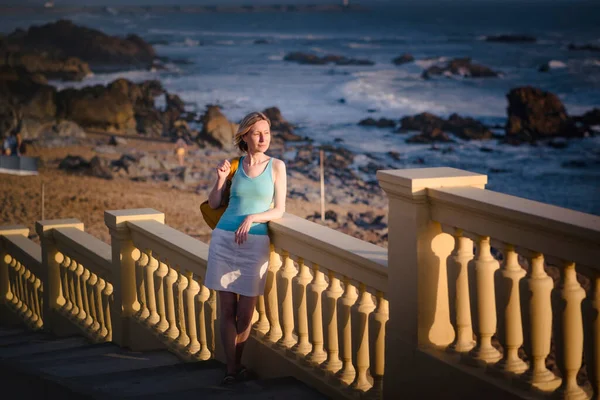 Woman Stands Promenade Sea Stock Image