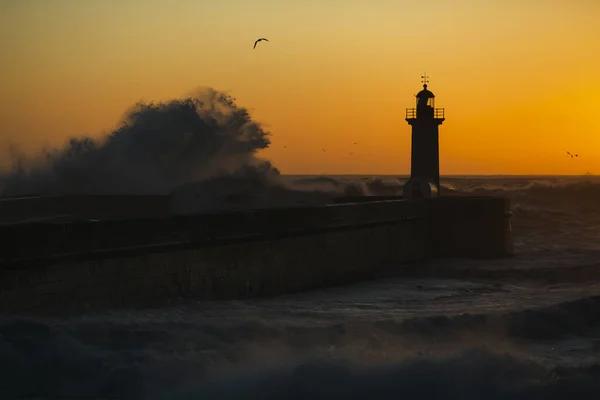 Bir Deniz Fenerinin Silueti Büyük Bir Dalga Tarafından Alacakaranlıkta Yıkandı — Stok fotoğraf
