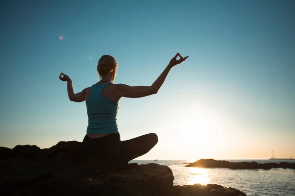 Middle Aged Woman Practicing Yoga Ocean Coast Pleasant Sunset Stockfoto