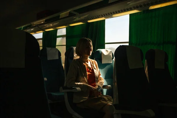 Woman Sit Moving Intercity Bus — ストック写真