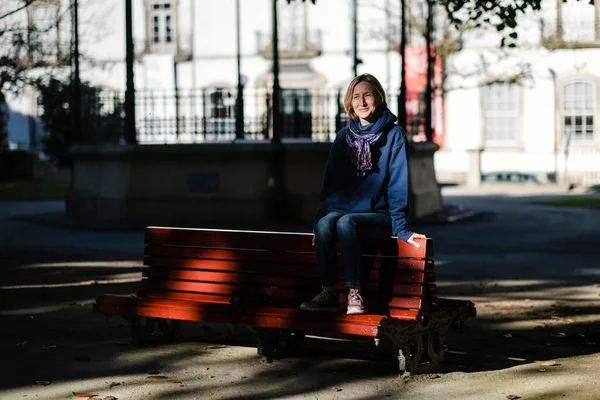 Woman Sitting Bench Summer Park Stock Photo