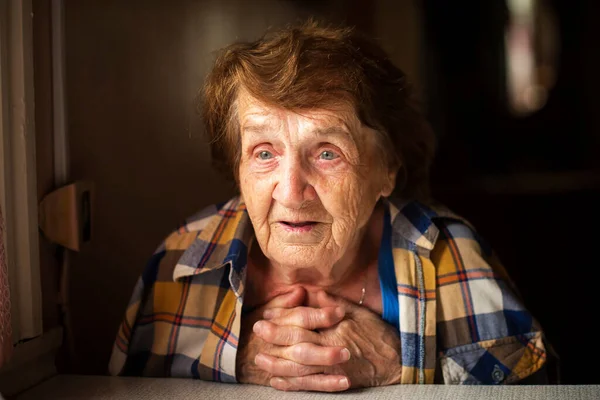 Portrait Elderly Woman Someone Else Shirt Slung Her Shoulders Her Stock Picture