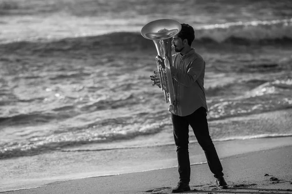 Man Musician Playing Tuba Ocean Beach Black White Photo — Stock Photo, Image