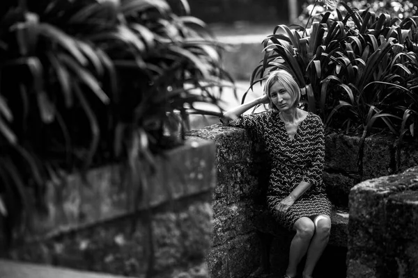 Middle Aged Woman Sits Stone Bench Old Park Black White — Stockfoto