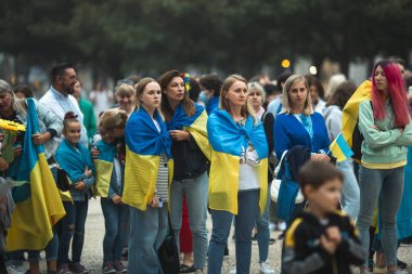 PORTO, PORTUGAL - AUG 24, 2022: Ukrainians gathered near the municipality of Porto to celebrate Independence Day of Ukraine. Is the main state holiday in modern Ukraine, celebrated annual since 1991.