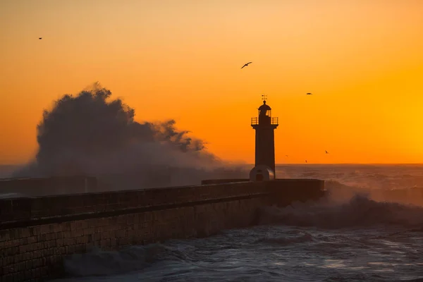 Atlantik Okyanusu Ndaki Deniz Feneri Manzarası Inanılmaz Günbatımında Porto Portekiz — Stok fotoğraf