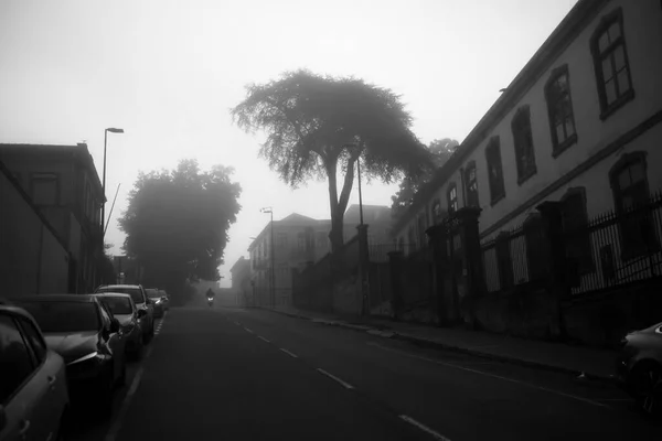 Reggel Utca Sűrű Ködben Porto Portugália Fekete Fehér Fénykép — Stock Fotó