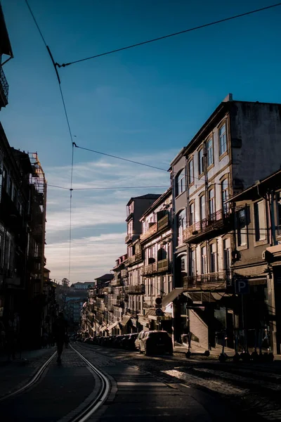 Blick Auf Die Straße Hintergrund Der Untergehenden Sonne Porto Portugal — Stockfoto