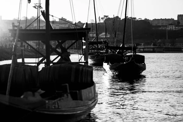 Barcos Tradicionais Vintage Vila Nova Gaia Porto Portugal Foto Preto — Fotografia de Stock