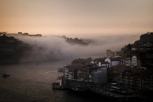 Fog Douro River Twilight Light Porto Portugal — Stock Photo, Image