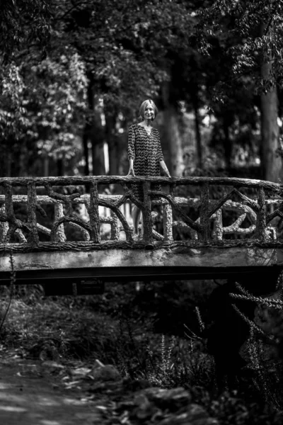 Жінка Стоїть Мосту Старому Парку Чорно Біла Фотографія — стокове фото
