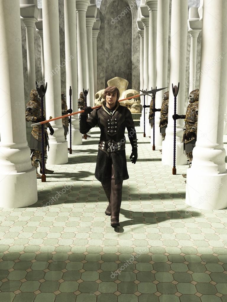 Medieval or Fantasy Spearman walking through the Throneroom