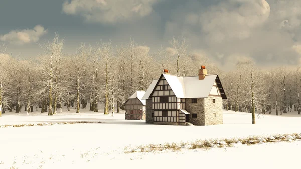 Mittelalterliches Bauernhaus im Winter - Illustration — Stockfoto
