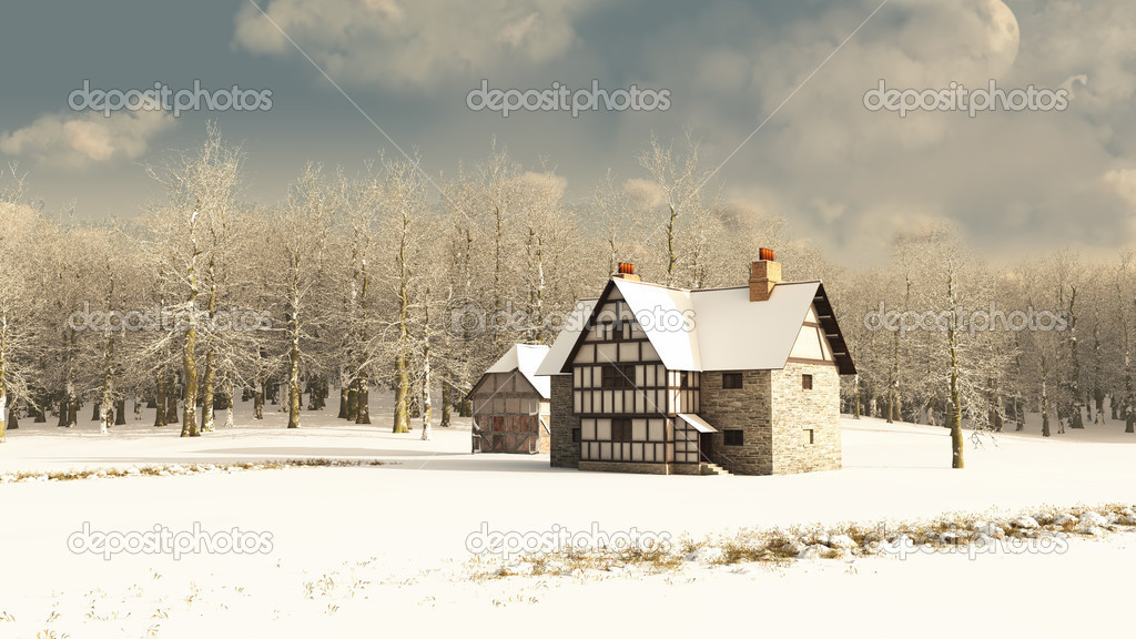 Medieval Farmhouse in Winter - illustration