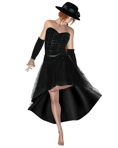 Vrouw in zwarte jurk en hoed — Stockfoto