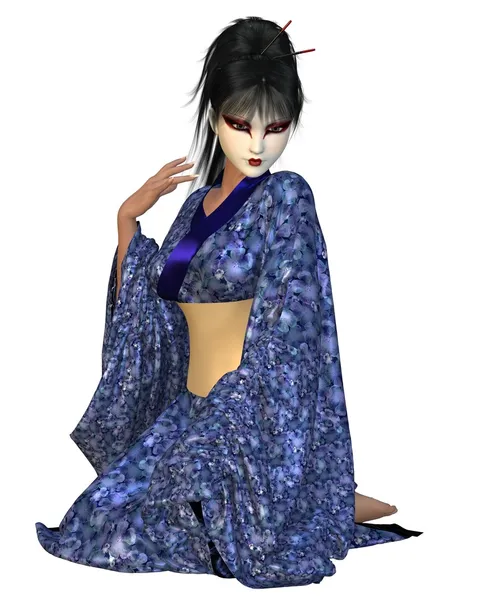 Geisha inginocchiata in fiore blu Kimono — Foto Stock