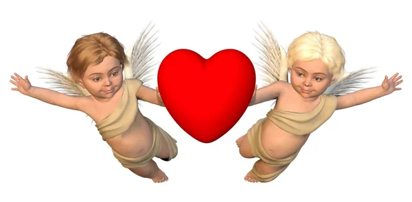 Kırmızı kalpli kanatlı cherubs — Stok fotoğraf