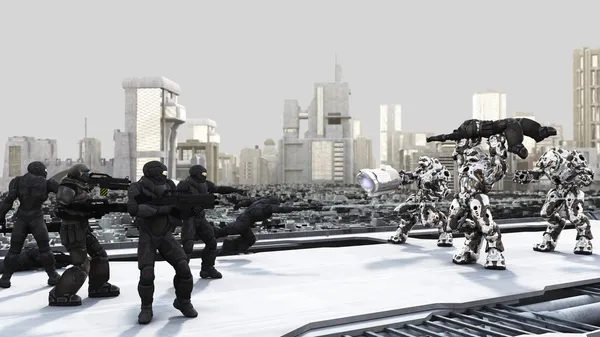 Prinde asta! Pușcașii marini spațiali și droizii luptă într-un oraș futurist — Fotografie, imagine de stoc