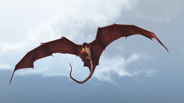 Dragon rouge attaquant depuis un ciel nuageux — Photo