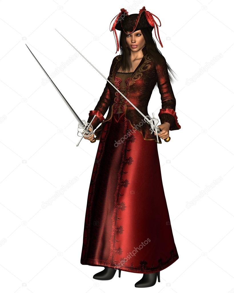 Pirate Lady in a Long Red Dress