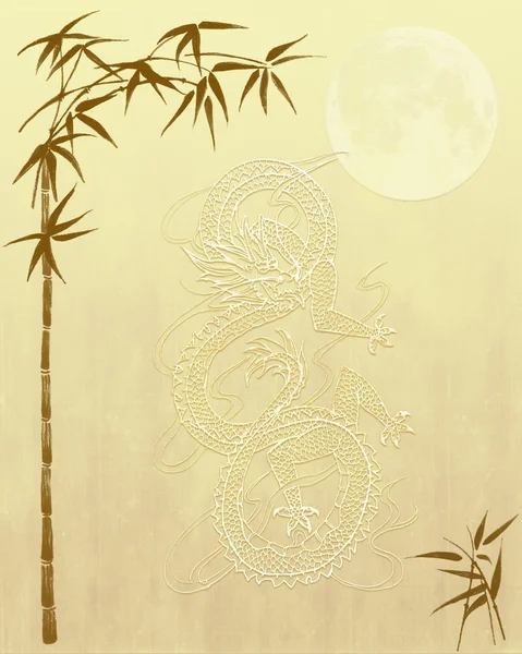Dragón chino y papel de fondo de bambú — Foto de Stock
