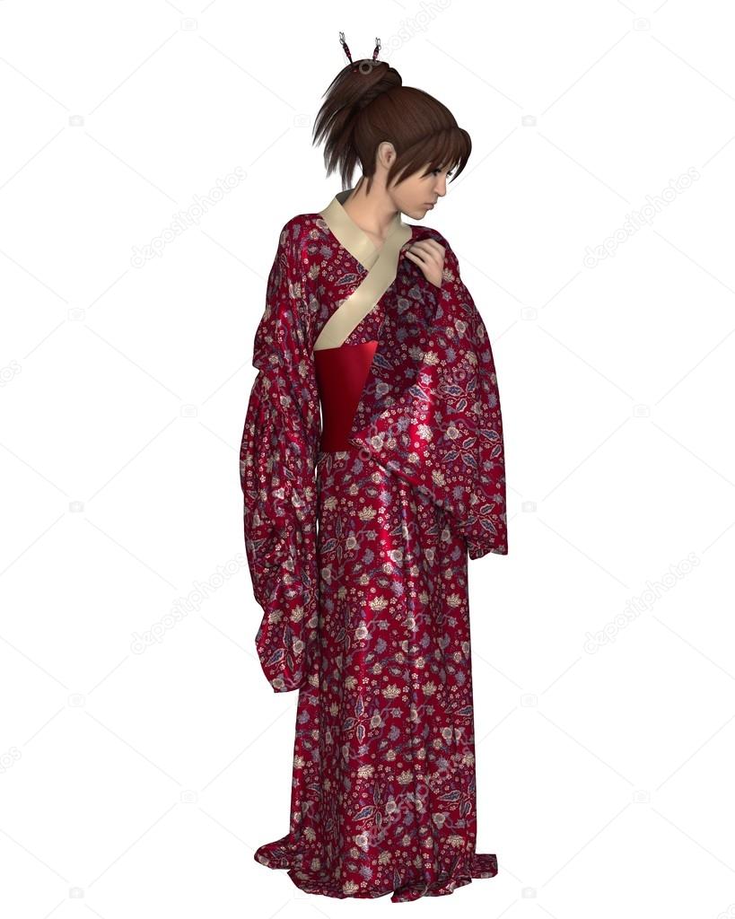 Japanese Woman Wearing a Red Kimono