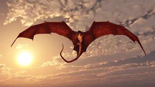 Dragão vermelho atacando de um céu por do sol — Fotografia de Stock