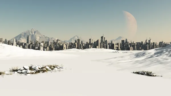 Paisagem urbana futurista na neve de inverno — Fotografia de Stock