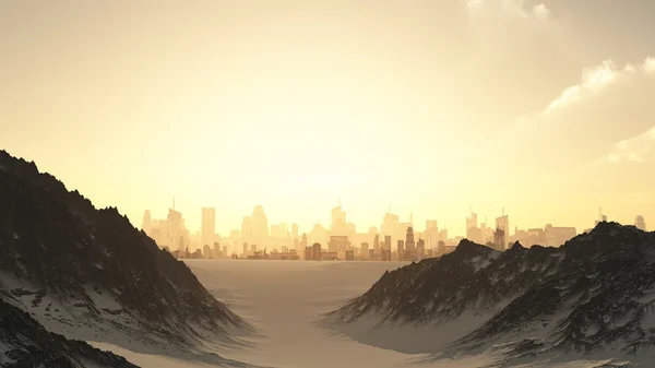 Paisaje urbano futurista en invierno Sunset — Foto de Stock