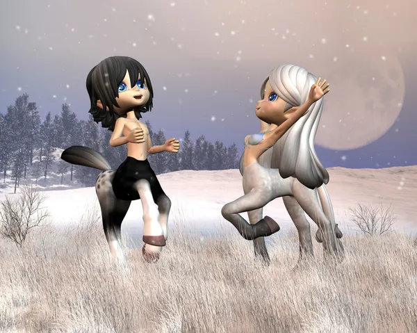 Cute Toon Centaurs playing in the snow — Stock Photo, Image