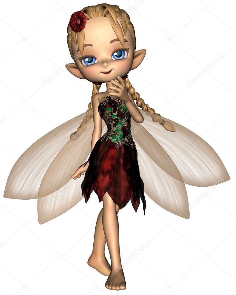 Cute Toon Fairy in Green and Red Flower Dress