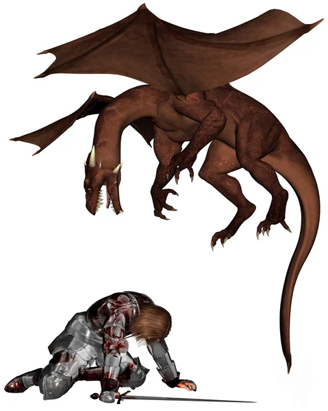 Раненый рыцарь и дракон — стоковое фото