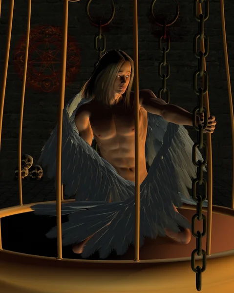 Caged Male Angel in a Dark Dungeon — Stock Photo, Image