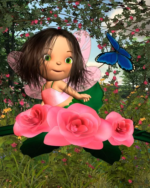 Baby roze fairy met tuin achtergrond — Stockfoto