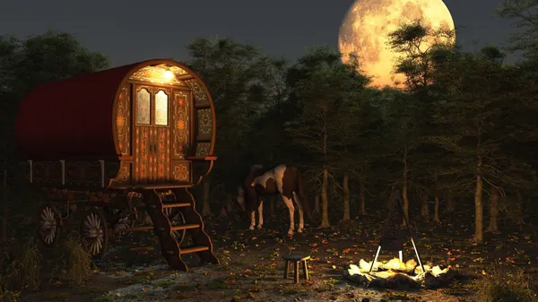 Gypsy Wagon a la luz de la luna — Foto de Stock
