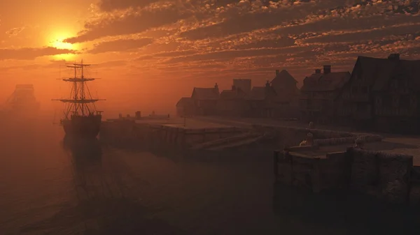 Großschiff am Liegeplatz bei Sonnenuntergang — Stockfoto