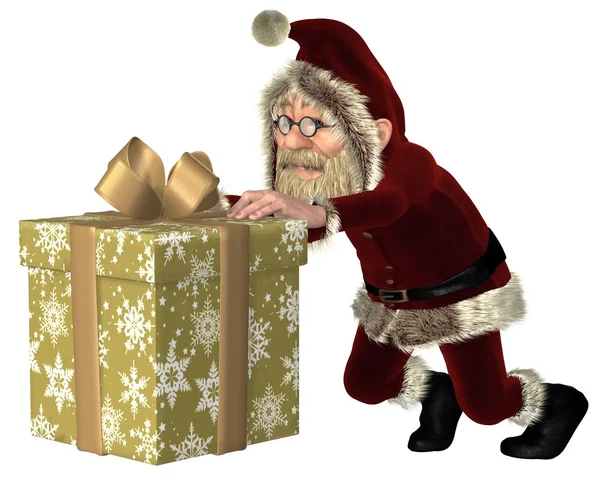 Papai Noel Empurrando um presente de Natal — Fotografia de Stock