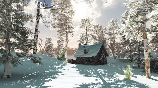 Northern Winter Cottage na neve — Fotografia de Stock