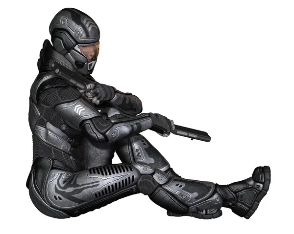 Female Science Fiction Soldier - Sitting — Stock Photo, Image