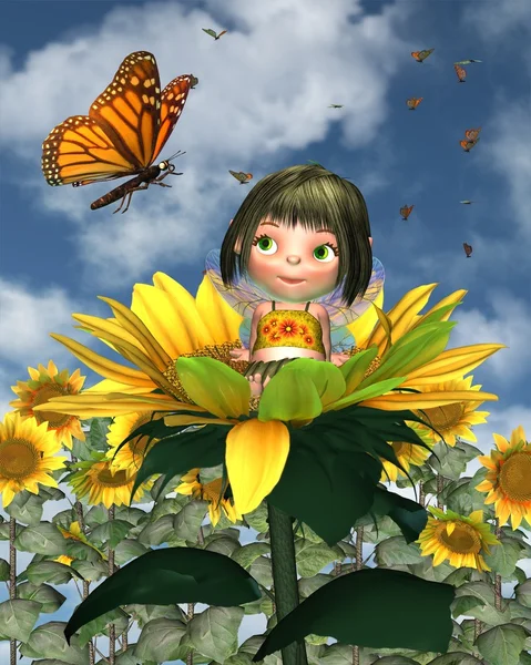 Baby Sunflower Fairy with Summer Background — Stock Photo, Image